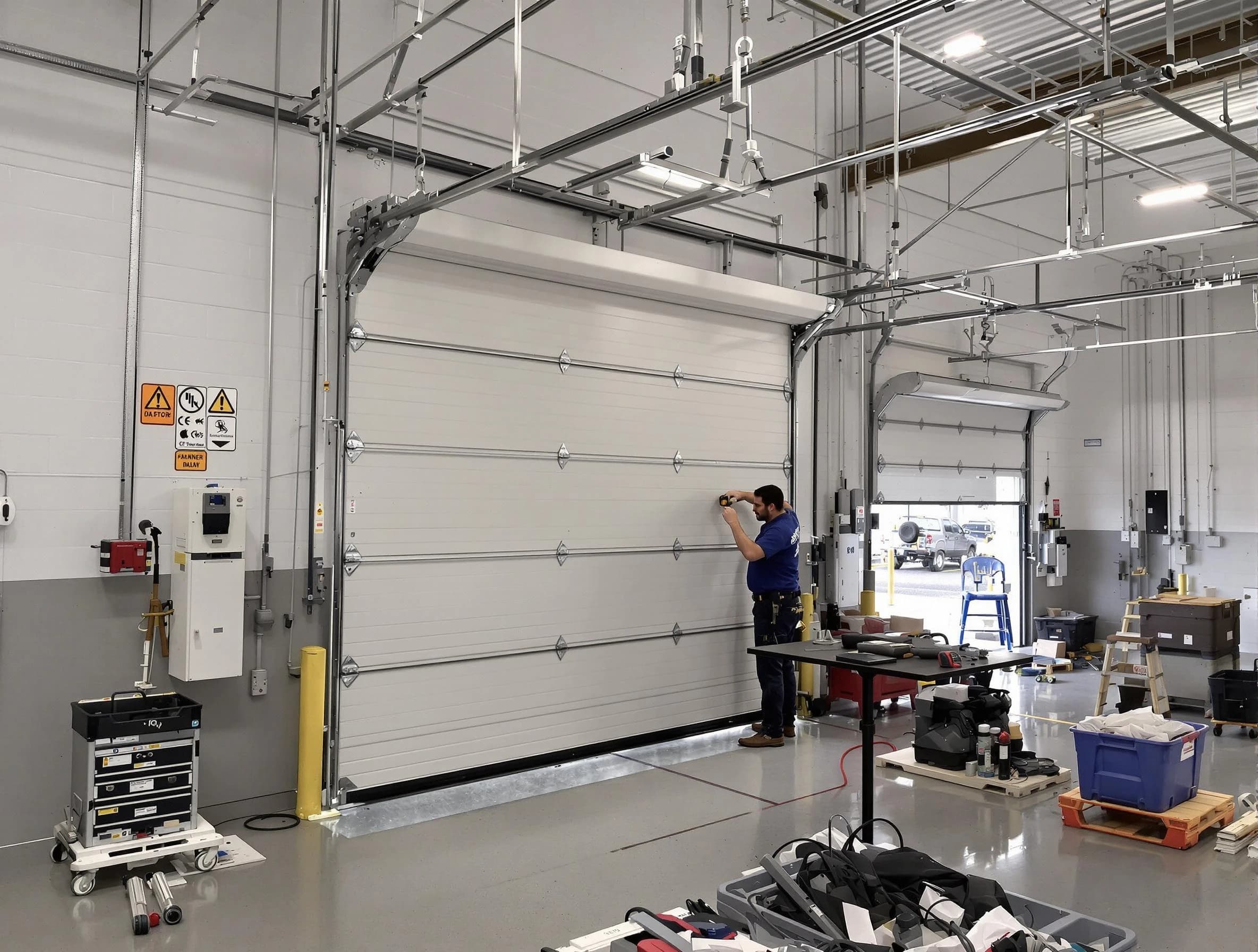 Commercial garage door repair being performed by Belleville Garage Door Repair expert in Belleville