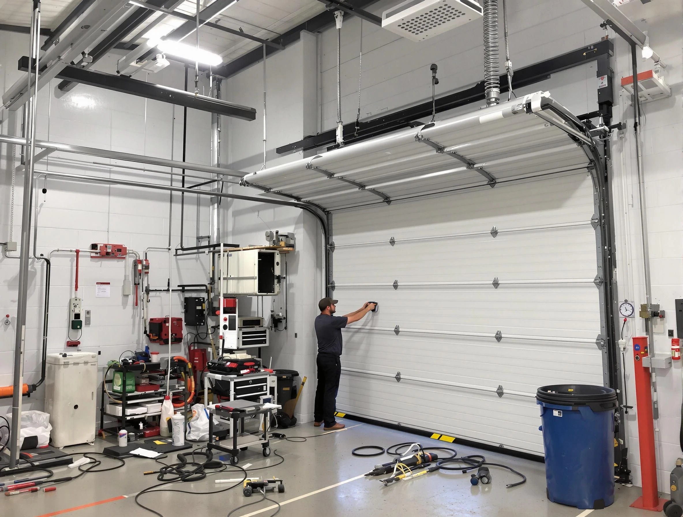 Belleville Garage Door Repair certified technician performing commercial door repair at a Belleville business facility