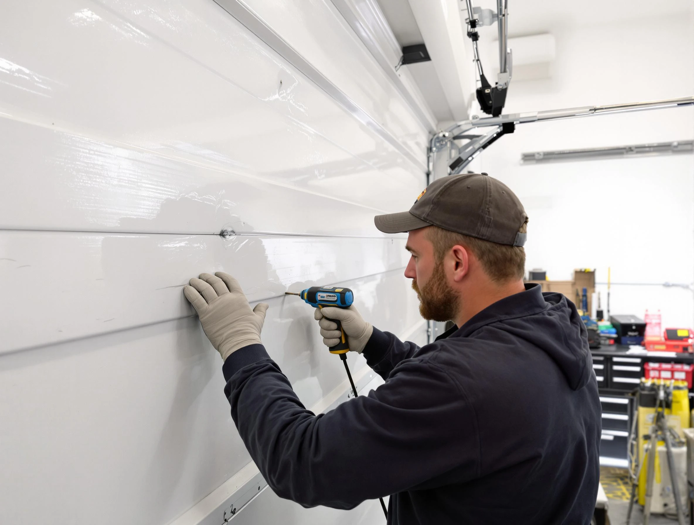 Belleville Garage Door Repair technician demonstrating precision dent removal techniques on a Belleville garage door
